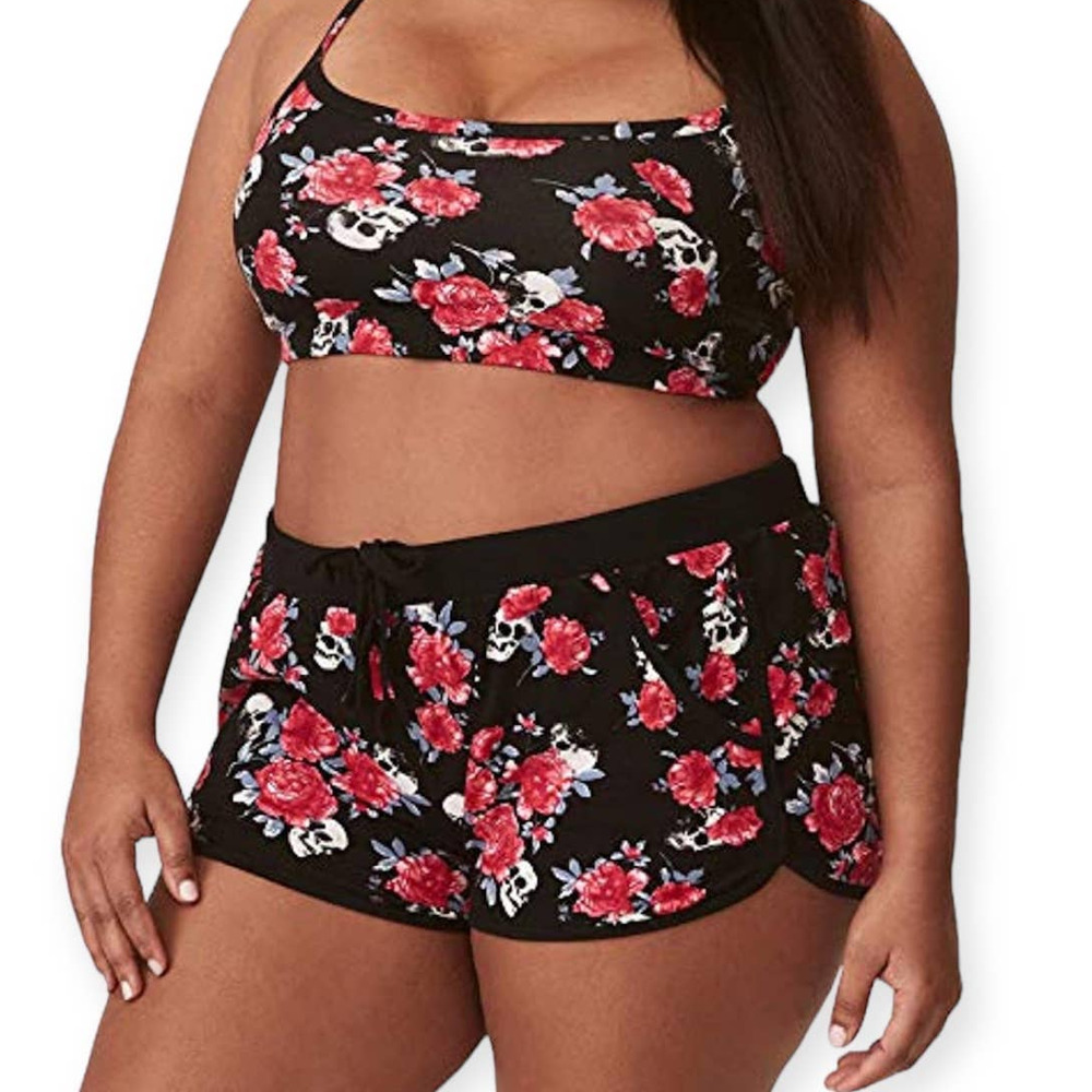 Torrid 1X Black Floral Pajama Bralette & Shorts Set